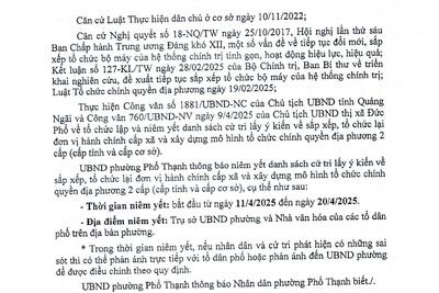 THÔNG BÁO: Về việc niêm yết danh sách cử tri lấy ý kiến về sắp xếp, tổ chức lại đơn vị hành chính cấp xã và xây dựng mô hình tổ chức chính quyền địa phương 2 cấp (cấp tỉnh và cấp cơ sở).