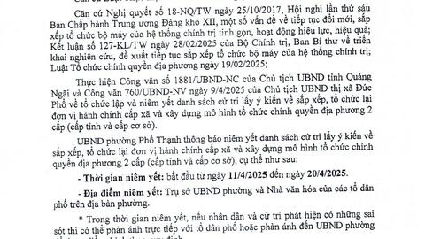 THÔNG BÁO: Về việc niêm yết danh sách cử tri lấy ý kiến về sắp xếp, tổ chức lại đơn vị hành chính cấp xã và xây dựng mô hình tổ chức chính quyền địa phương 2 cấp (cấp tỉnh và cấp cơ sở).